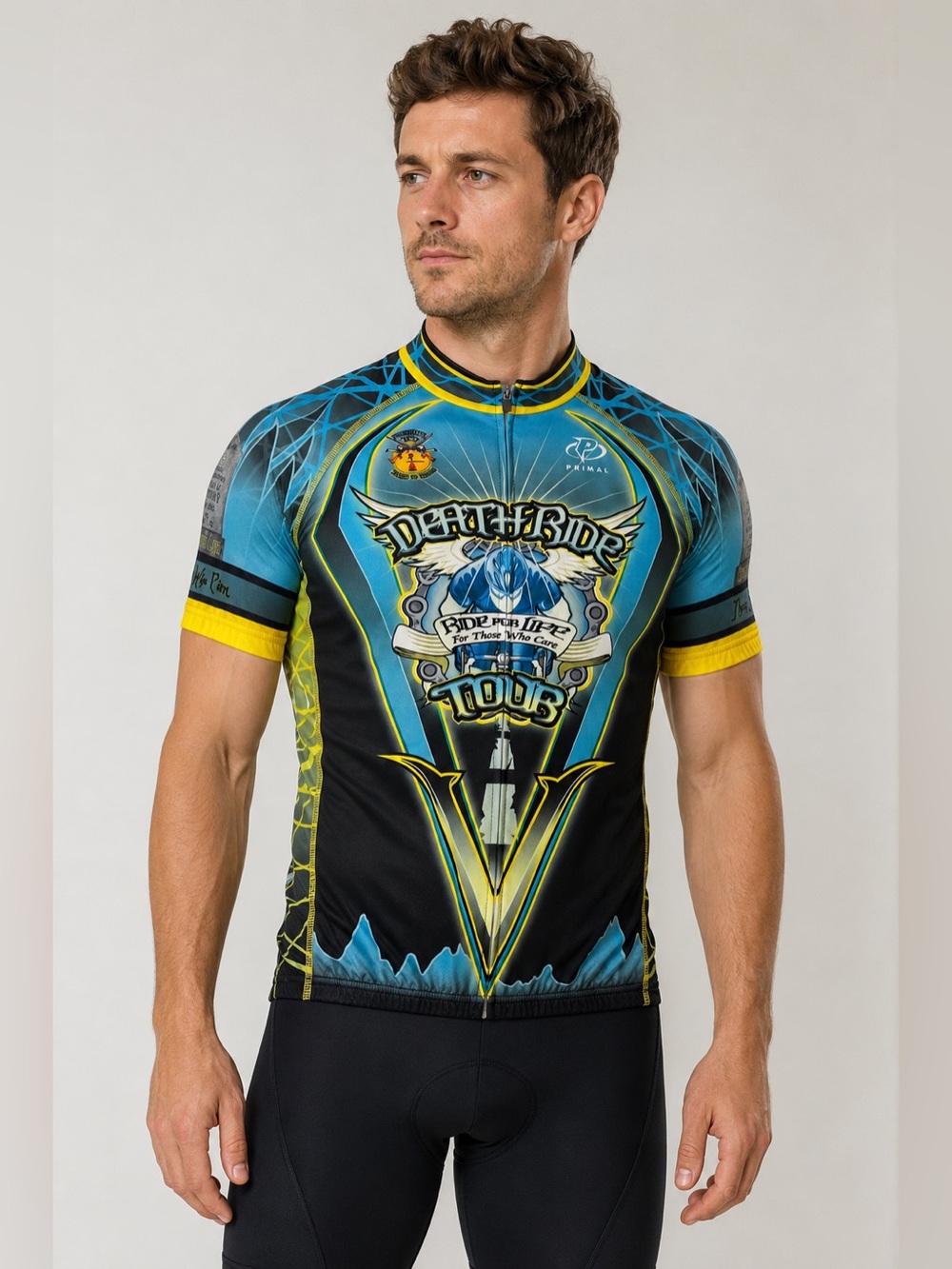 Primal Deathride Tour Graphic Cycling Jersey, Blue & Yellow- size M